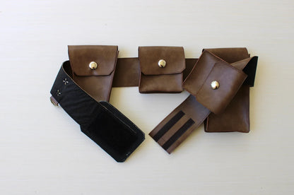 Handmade Luke Skywalker costume utility belt — brown leather with four snap pouches and black lining on the belt - closing velcro 