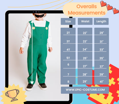 Let your little hero jump into adventure with this handmade Mario Bros Overalls - Blue, Red, or Green - Video Game Party Outfit – Brothers Costume – Birthday Gift for Kids.