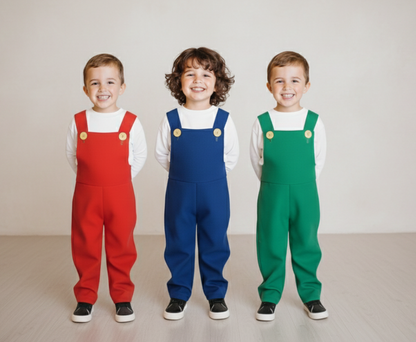 Let your little hero jump into adventure with this handmade Mario Bros Overalls - Blue, Red, or Green - Video Game Party Outfit – Brothers Costume – Birthday Gift for Kids.