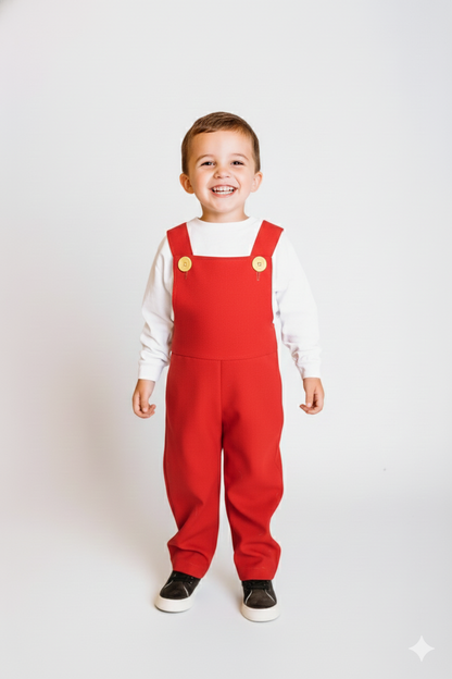 Let your little hero jump into adventure with this handmade Mario Bros Overalls - Blue, Red, or Green - Video Game Party Outfit – Brothers Costume – Birthday Gift for Kids.