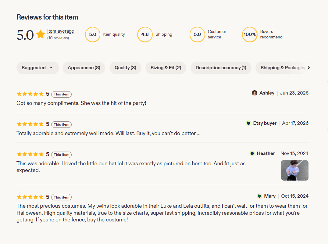 A screenshot of product reviews on an online store, showing a 5-star rating for a costume with customer comments and photos under the title 'Reviews for this item'.