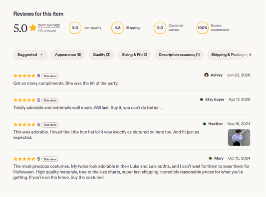 A screenshot of product reviews on an online store, showing a 5-star rating for a costume with customer comments and photos under the title 'Reviews for this item'.