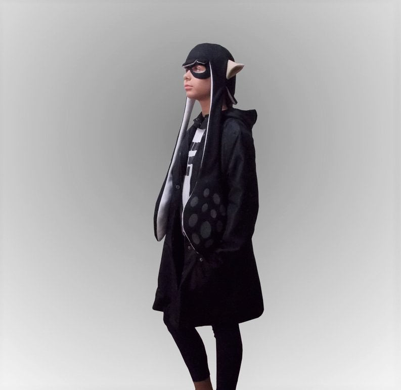Black Splatoon Inkling cosplay hat with long tentacles gray dark characteristic spots and color skin pointed ears, side profile view