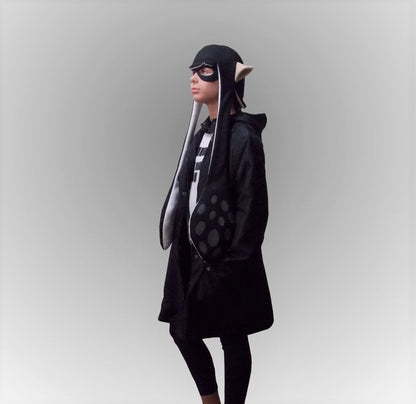 Black Splatoon Inkling cosplay hat with long tentacles gray dark characteristic spots and color skin pointed ears, side profile view