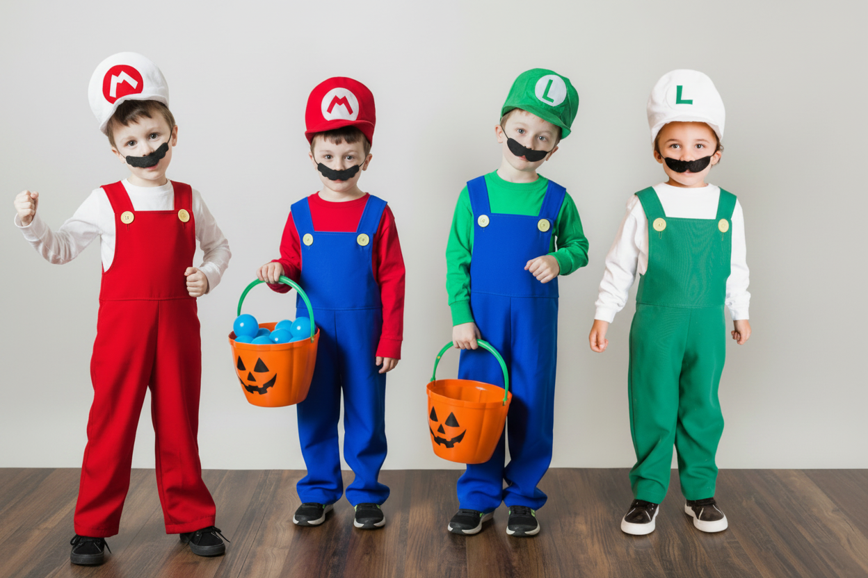 Four children in Halloween costumes standing in front of cardboard cutouts of Mario and Luigi.