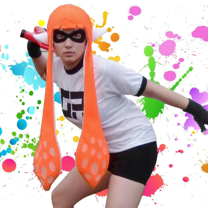 Orange Handmade Splatoon Inkling Girl cosplay hat with long tentacles and white spots